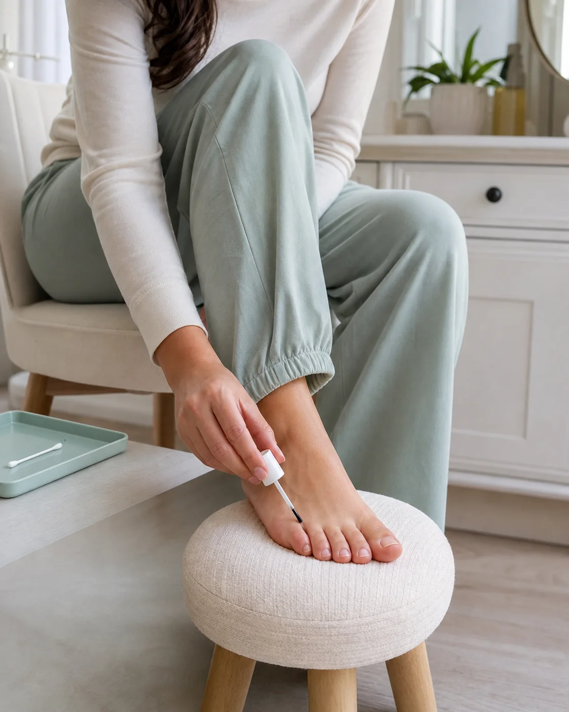 Adult coating a clean toenail with a topical liquid brush during a nail-care routine